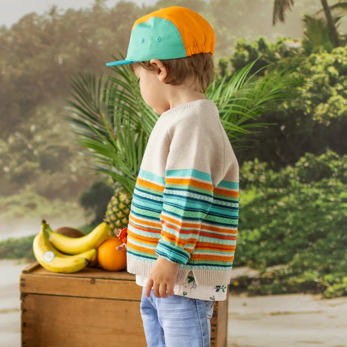 Chandail beige en tricot avec rayures colorées, bébé - Image 3