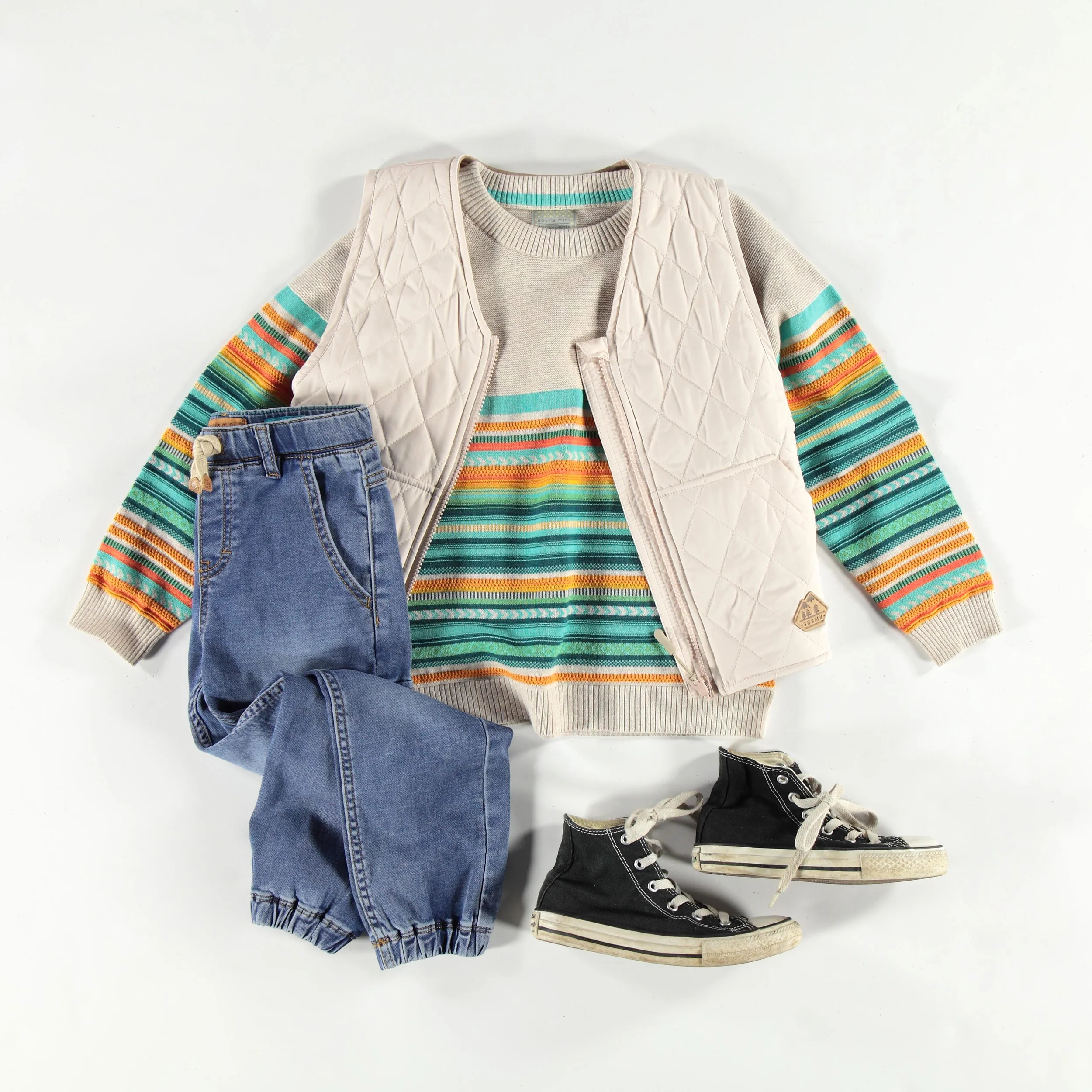 Chandail beige en tricot avec rayures colorées, enfant - Image 6