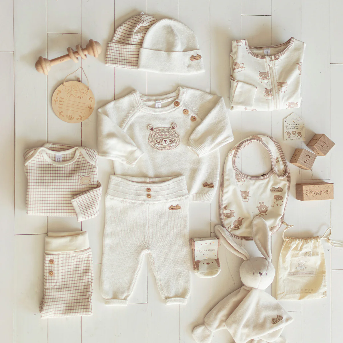 Coffret cadeau crème et beige « Le Premium » (14 pièces), naissance - Image 3