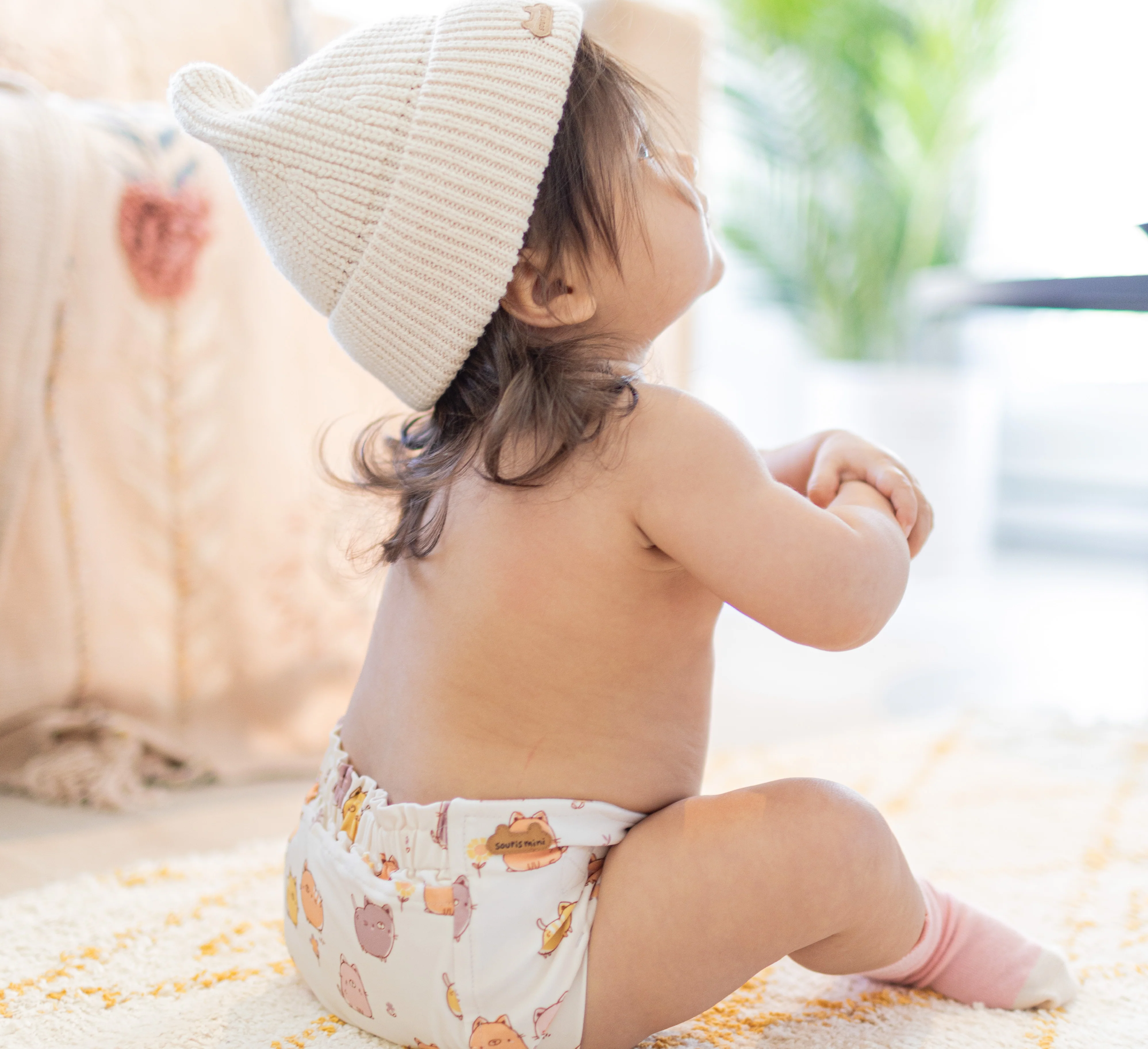 Couche réutilisable ultramince crème à motif de chats, bébé - Image 4