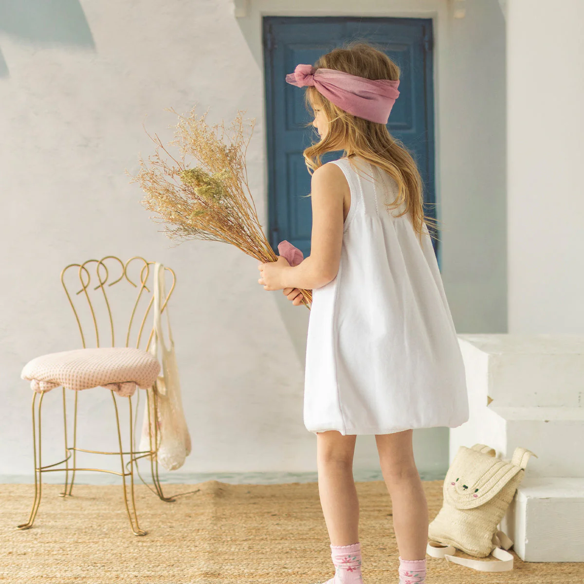 Robe blanche en tricot avec broderies florales, enfant - Image 4