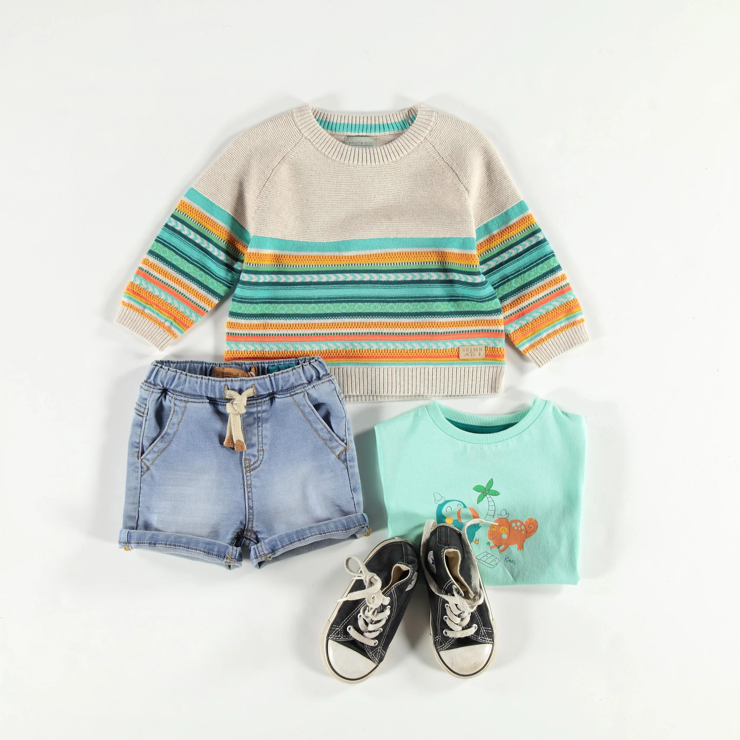 Chandail beige en tricot avec rayures colorées, bébé - Image 5