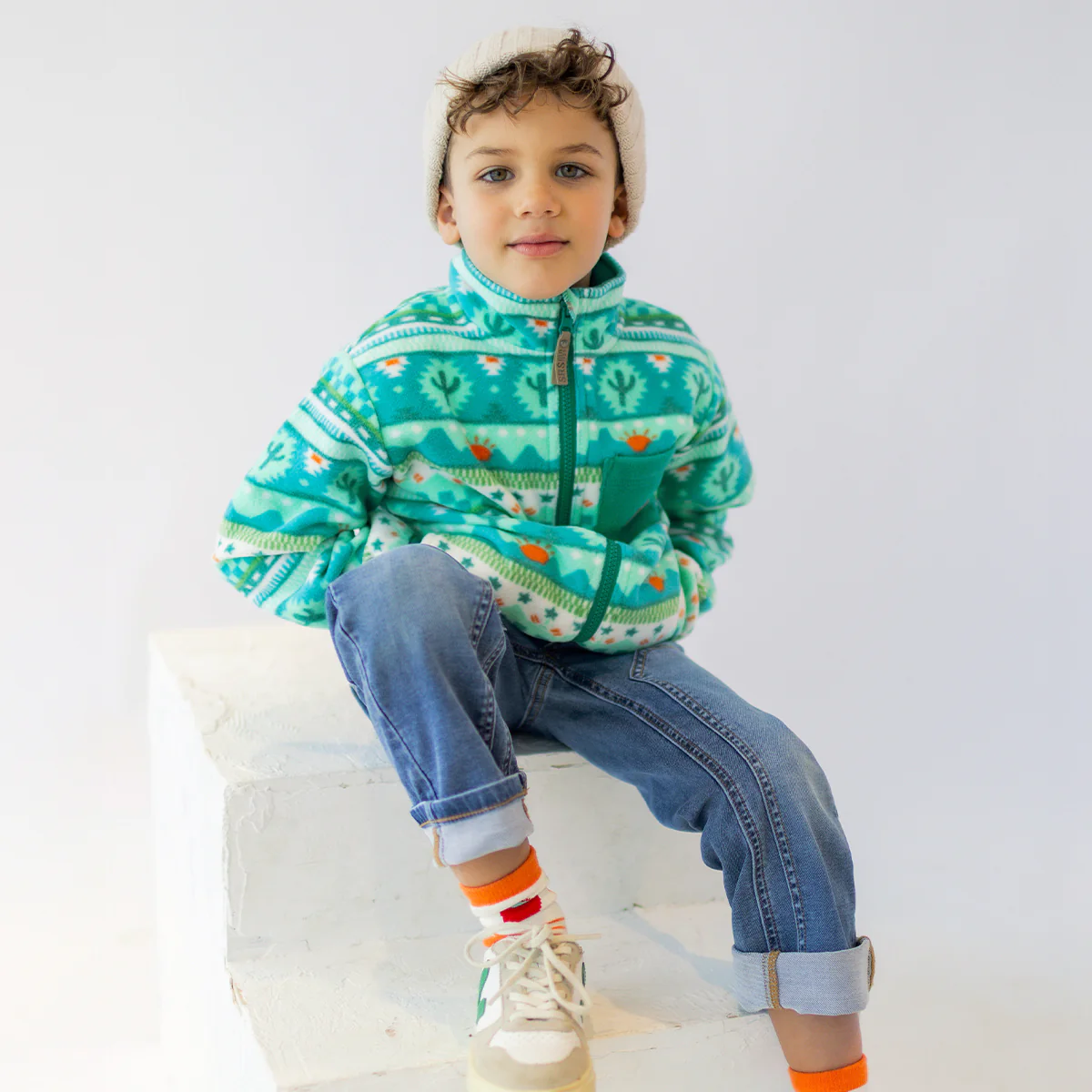 Veste en polar turquoise à motifs, enfant - Image 3